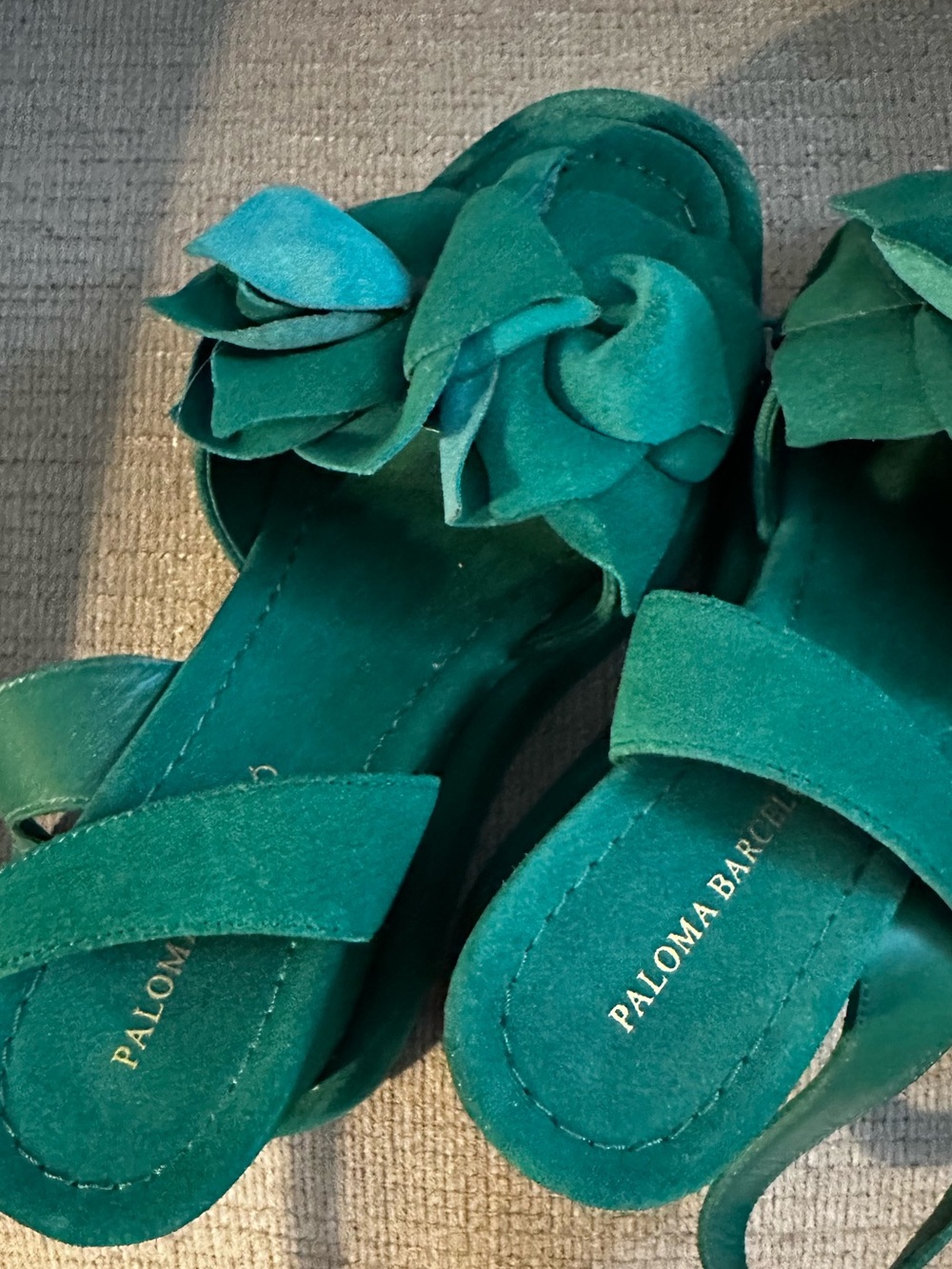 Paloma Barcelo Teal Green Suede Floral Slide Sandals